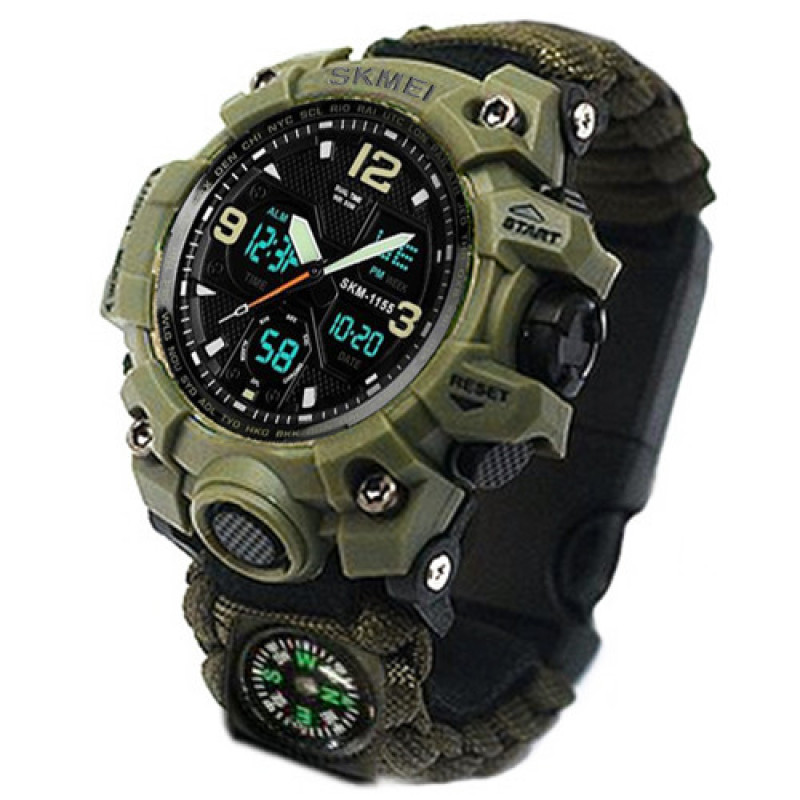 Наручні годинники SKMEI 1155BAG, PARACORD, ARMY GREEN, компас, термометр, свисток, кресало, 10461