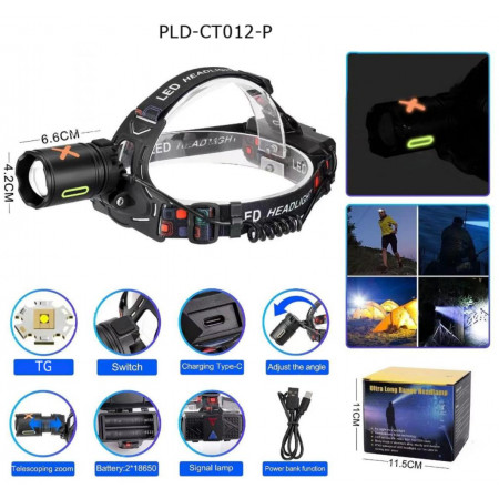 Налобный фонарь CT012-P-TG, 2x18650, ЗУ Type-C, сигнализационный свет, зум