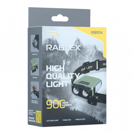 Налобний ліхтар Rablex RB974, біле + фарбоване світло, Type-C, 900 Lumen, велокріплення, Сенсор
