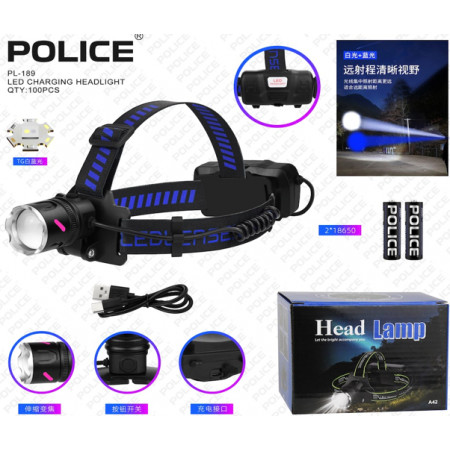 Налобный фонарь Bailong PL-189, 2x18650, Type-C, TG LED, Zoom