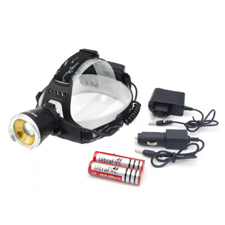 Налобный фонарь WD111, 2х18650 Акк., T6+XPE, ультрафиолет, Zoom, MicroUSB ЗУ