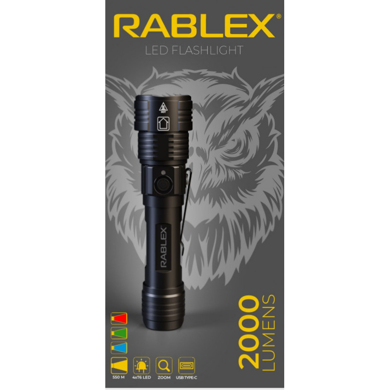 Ручний ліхтар Rablex RB915, Синій+Червоний+Зелений+Білий, 4T6, 1х18650 акум., zoom, Type-C, 2000LM