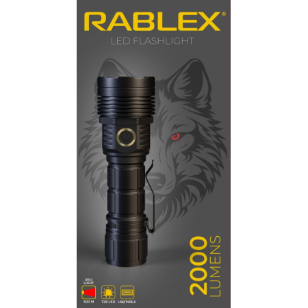 Ручний ліхтар Rablex RB920, ЧЕРВОНЕ СВІТЛО, 1хT28, 1х21700 акумулятор, zoom, Type-C, 2000LM
