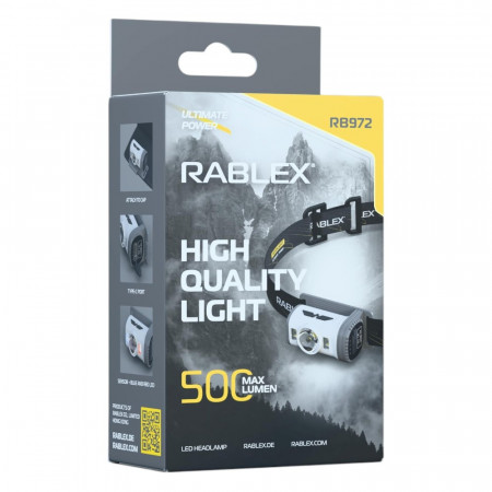 Налобний ліхтар Rablex RB972, Білий + Червоне + Синє світло, стробоскопідоскоп, 500 Lumen, Type-C, Сенсор