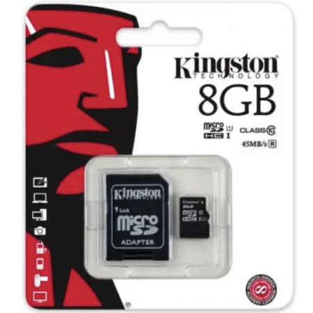 Карта памяти micro SDHC Kingston (UHS-1) 8GB класс 10 (с адаптером) (Гарантия 3 года)