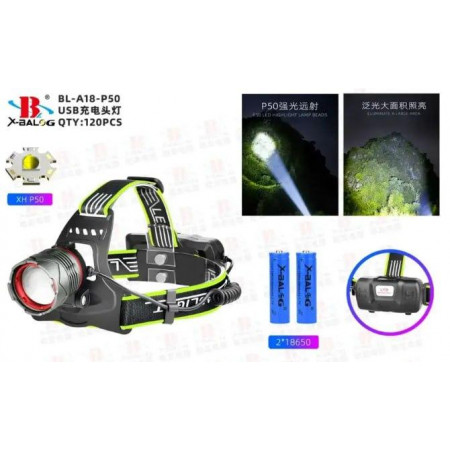Налобный фонарь Bailong BL-A18-XHP50, 2x18650, зум, ЗУ microUSB