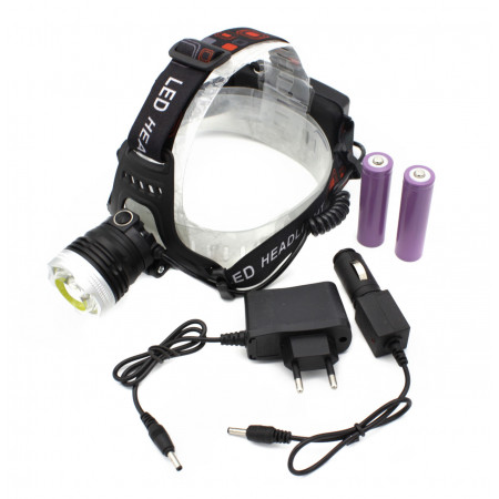 Налобный фонарь WD112, 2х18650, ЗУ 22V-12V, T6+Cob, Zoom