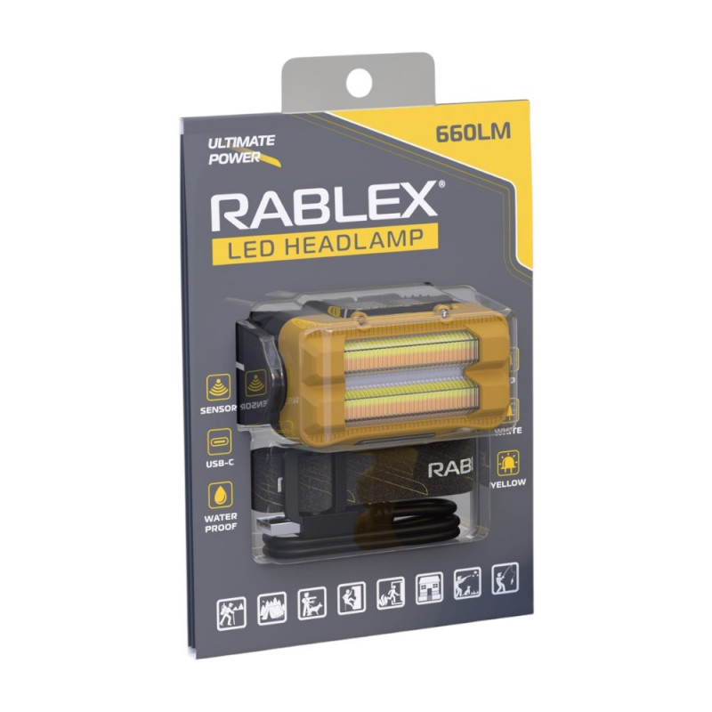 Налобний ліхтар Rablex RB981, жовтий + білий + червоний, 3хT6+4хCOB, Sensor, акум, Type-C