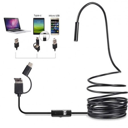 Эндоскоп камера для смартфона ноутбука, 5 метров, диаметр 7мм,  USB-micro USB-TypeC, 5570