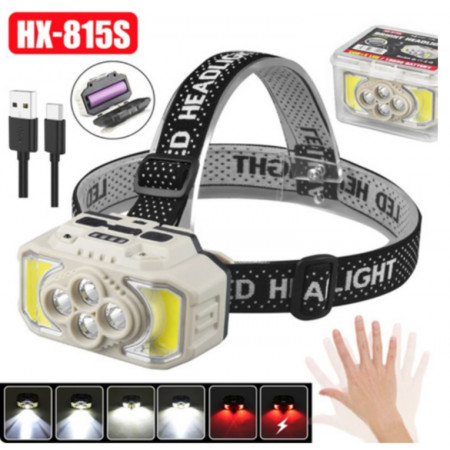Налобный фонарь HX-815S-4XPE, 2COB, Белый, Красный, Датчик движения, Водонепроницаемый, 1x18650, ЗУ Type-C,