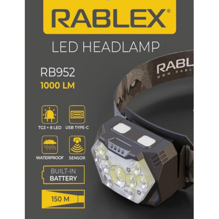 Налобный фонарь Rablex RB952, желтый+белый+красный, 3хTG+8хLED+2хRED LED, Сенсор, акум, Type-C