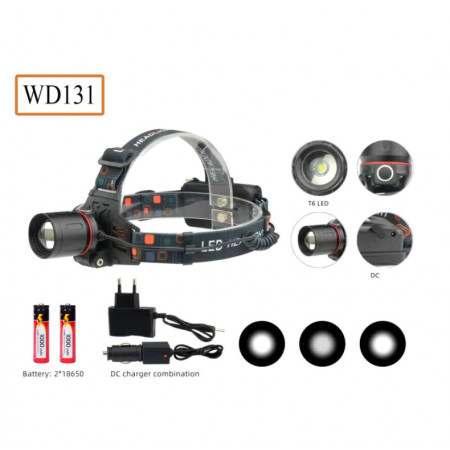 Налобный фонарь WD131, Акк., T6 LED, Zoom