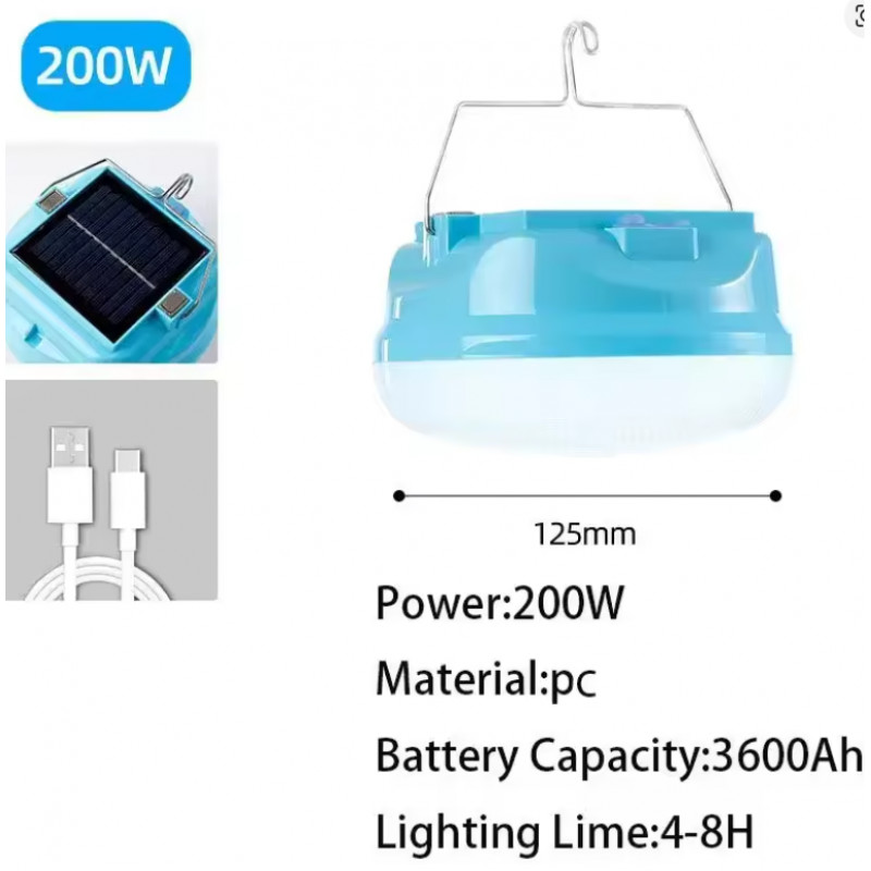 Фонарь для кемпинга LED-7, 200W, аккумулятор, ЗУ Type-C, солнченая панель, крюк