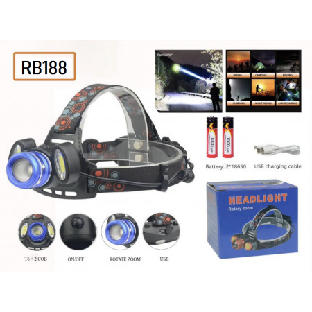 Налобный фонарь RB188, BL-150-T6+COB, сенсорное включение, microUSB