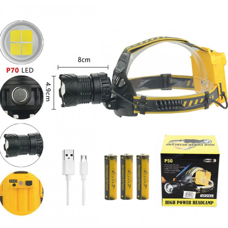 Налобный фонарь Bailong PL-143, HT-804-P90, 3x18650, Type-C, Zoom