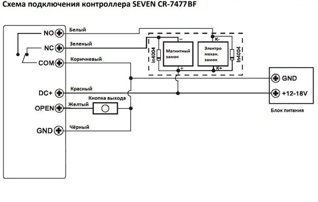 Схема подключения контроллера доступа SEVEN CR-7477BF Схема подключения контроллера доступа SEVEN CR-7477BF